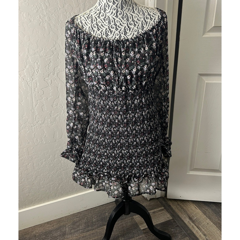 Vine and Valley Smocked Off Shoulder MiniBoho Dress Womens XL Black Floral Print